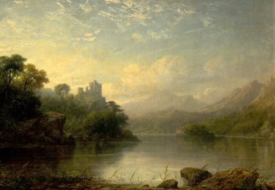 Søscene med ruineret slot og bjerge, 1800-tallet af George F. Buchanan