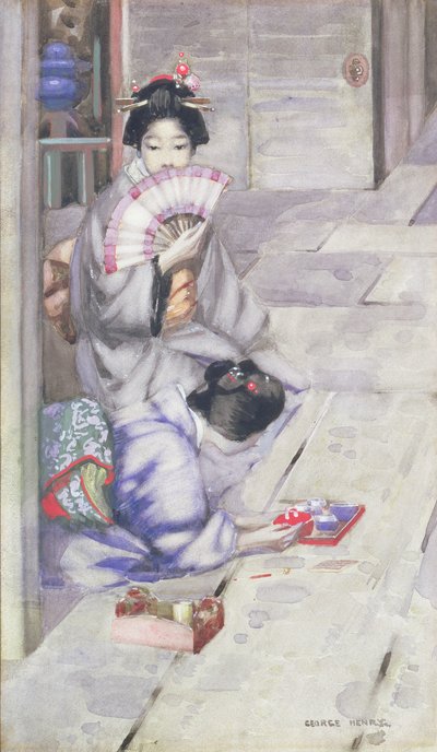 Geisha drikker te (wc på papir) af George F. Henry