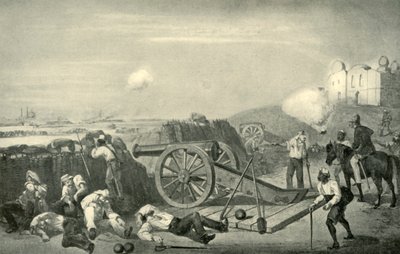 En tung dag i batterierne før Delhi, 1857, 1901. af George Francklin Atkinson
