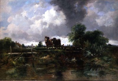 Skovklædt flodlandskab med heste, der arbejder med en lås (olie på lærred) af George Frederic Watts