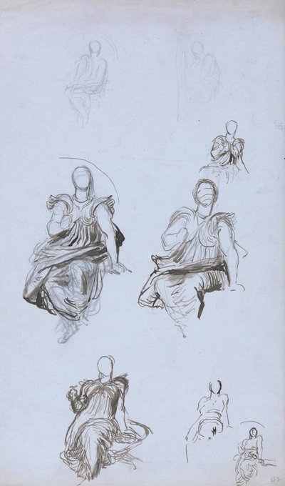 Studier af en siddende figur med en bog (pen & brunt blæk og grafit på blåt papir) af George Frederick Watts