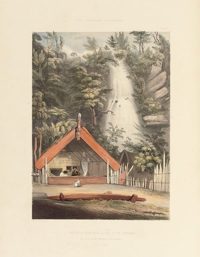 House of Hiwikau, Mother of the Heuneu, og Falls of Ko Waihi, ved Te Rapa, plade 21 fra "The New Zealanders Illustrated", 1847 af George French Angas