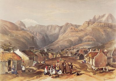 I den fredfyldte Genadendal-dal ligger en blomstrende hottentot-landsby. af George French Angas
