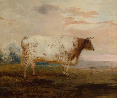 Juno, en rød korthornsko i et vidtstrakt landskab (olie) af George Garrard