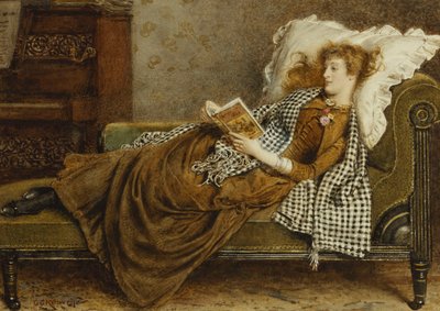 En ung dame læser i et interiør, af George Goodwin Kilburne