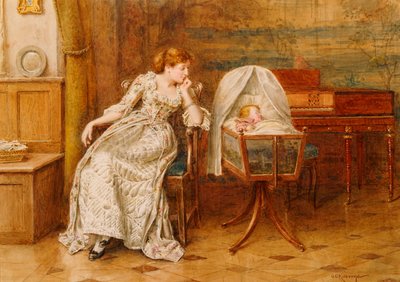 Et interiør med en mor og et barn af George Goodwin Kilburne