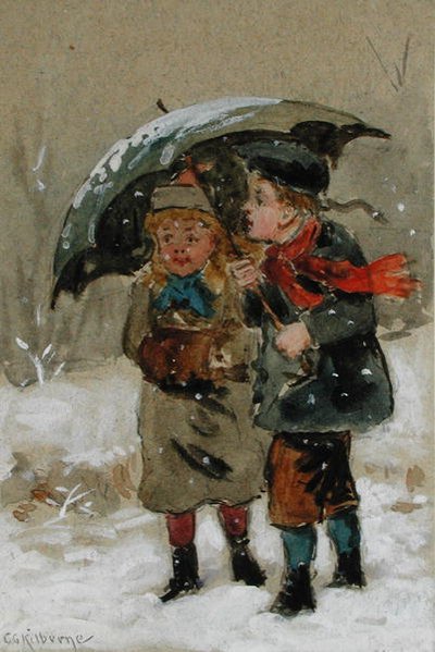 Børn leger i sneen (wc forhøjet med hvidt på papir) (se 224241 for par) af George Goodwin Kilburne