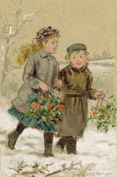 Børn leger i sneen - Samler kristtorn (wc forhøjet med hvidt på papir) (se 224240 for par) af George Goodwin Kilburne