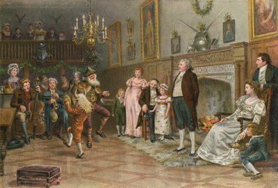 Interiør i Squires Ancestral Hall: Country Mummers Giver a Christmas Entertainment af George Goodwin Kilburne