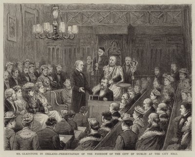 Gladstone i Irland, overrækkelse af byens frihed i Dublin på rådhuset af George Goodwin Kilburne