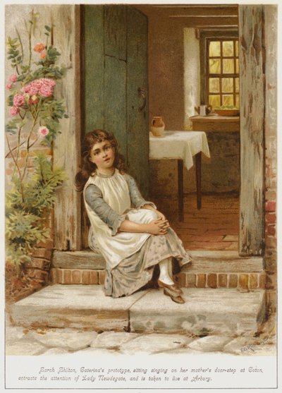 Sarah Shilton, Caterinas prototype, der sidder og synger på sin mors dørtrin i Coton, tiltrækker sig Lady Newdegates opmærksomhed og bliver taget til Arbury for at bo der. af George Goodwin Kilburne