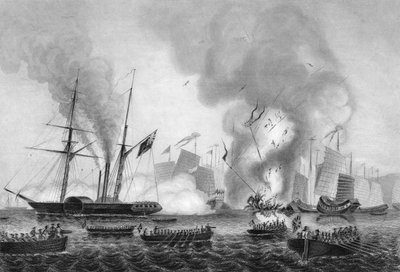 Ødelæggelsen af det kinesiske krigsskrammel i Ansons Bay, 7. januar 1841 c1857. af George Greatbatch