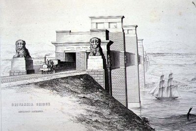 Britannia Bridge, Anglesey Entrance, indgraveret af kunstneren, pub. 1849 (litho) (for farve se 122445) af George Hawkins