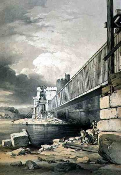 Conway Tubular Bridge, med forberedelserne til at hæve det andet rør, pub. i 1849 (litho) af George Hawkins