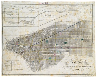 Kort over byen New York, 1850 (sort blæk, med farvevask, på papir) af George Hayward
