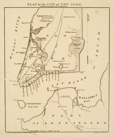 Plan over byen New York med angivelse af de lavede [sic] og sumpområder, 1856 (sort blæk på papir) af George Hayward