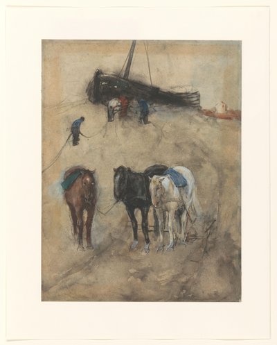 Heste på stranden, i baggrunden en pram og fiskere af George Hendrik Breitner