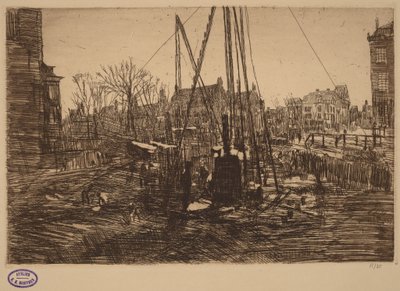 Scene i en nederlandsk by med en pælehammer i forgrunden af George Hendrik Breitner