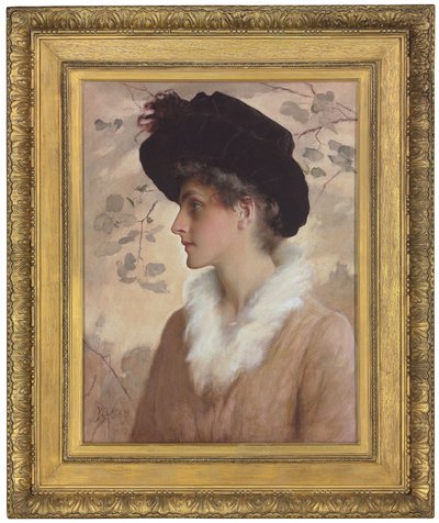 Portræt af en dame, halvlængde, iført sort hat og pelsstol, 1888 af George Henry Boughton