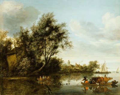 Et flodlandskab med en høloft blandt træer og en færge med passagerer og kvæg af George Henry Clements
