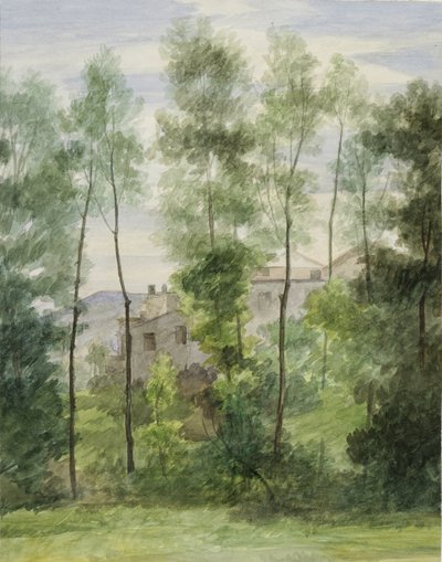 Landskab med bygninger (wc på papir) af George Henry Hall