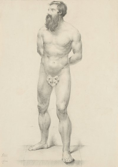 Uden titel - Stående mandlig nøgen med figenblad, 1844 (grafit på gulvævet papir) af George Henry Hall