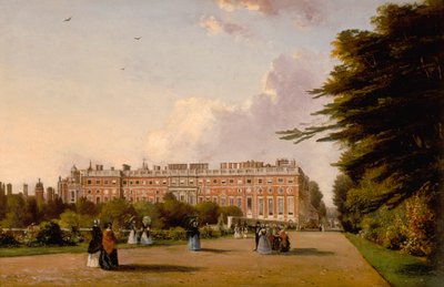 Udsigt over sydfronten af Hampton Court Palace fra Broad Walk, ca. 1827-49 (olie på lærred) af George Hilditch