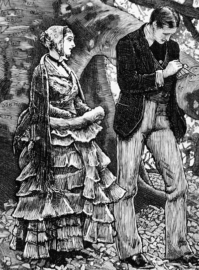 Illustration, der viser en kvinde, der nægter et frieri fra en mand af George Housman Thomas