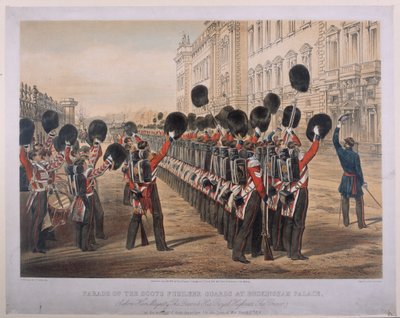 Parade af Scots Fusilier Guards ved Buckingham Palace om morgenen efter deres afgang til Krigssædet, den 2. marts 1854, indgraveret af E. Walker, udgivet af Colnaghi und Co., 1854 af George Housman Thomas