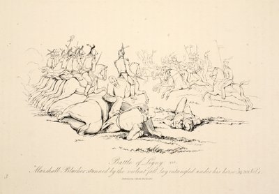 Slaget ved Ligny: Marshall Blucher, bedøvet af det voldsomme fald, lå viklet ind under sin hest, pubben J. Booth, 1816 af George Jones