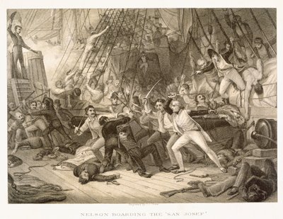 Horatio Nelson går ombord på San Josef i slaget ved Cape St Vincent, 14. februar 1797, indgraveret af John Crew efter originalen i Greenwich Hospital Collection af George Jones