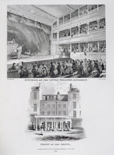 Interiør af Little Theatre, Haymarket i London og Front of the Above, indgraveret af James Stow (ca. 1770-1820) 1815 af George Jones