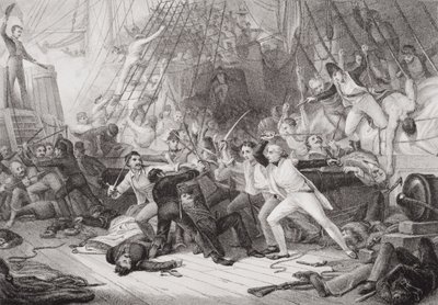Nelson går ombord på San Josef i slaget ved St. Vincent, 14. februar 1797, fra `Illustrationer af engelsk og skotsk historie