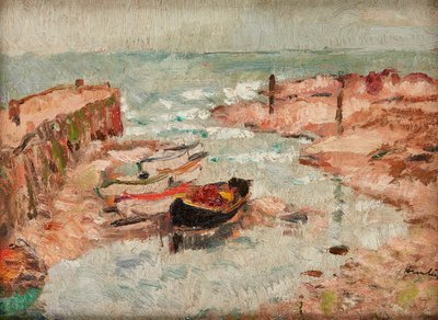 Strandede både, Lower Largo (olie på panel) af George Leslie Hunter