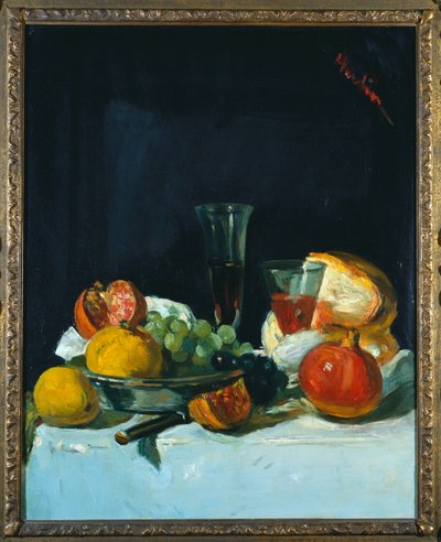 Druer, citroner og granatæbler med hvidvinsglas og brød af George Leslie Hunter