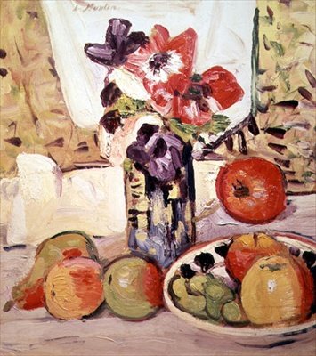 Stilleben af anemoner og æbler (olie på lærred) af George Leslie Hunter