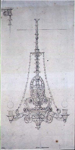 Design til en lysekrone (pen & sepia blæk på papir) af George Maddox