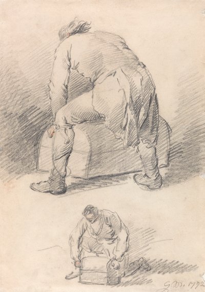 En mand løfter en kuffert, to undersøgelser på ét ark af George Morland