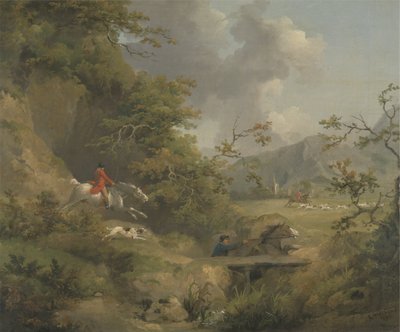Rævejagt i kuperet land (olie på lærred) af George Morland