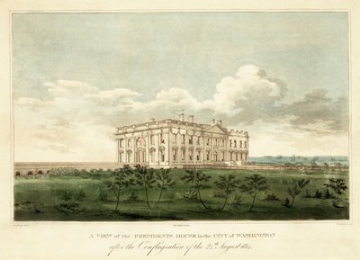Udsigt over præsidentens hus i byen Washington efter branden den 24. august 1814, pub. 1814 af George Moutard Woodward