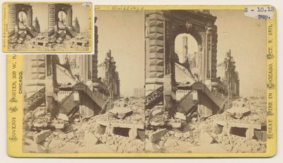 Stereograf af Bryan Block ved det nordvestlige hjørne af Monroe og LaSalle Streets efter Chicago-branden i 1871, 1871 (bw-foto på kortholder) af George N. Barnard