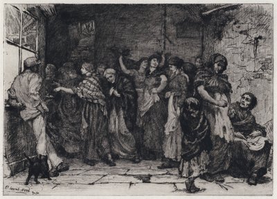 Lønningsdag i en bomuldsmølle (ætsning) af George Percy Jacomb Hood