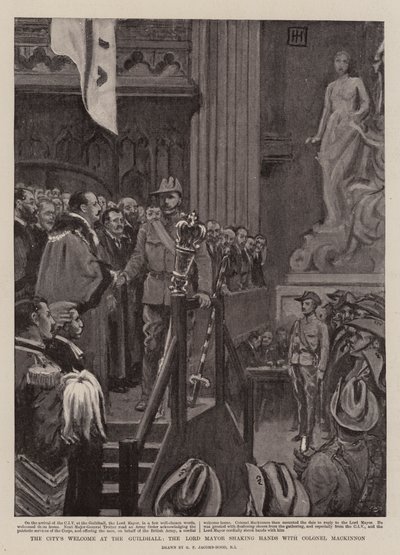 Byens velkomst i Guildhall, overborgmesteren giver hånd med oberst Mackinnon af George Percy Jacomb Hood