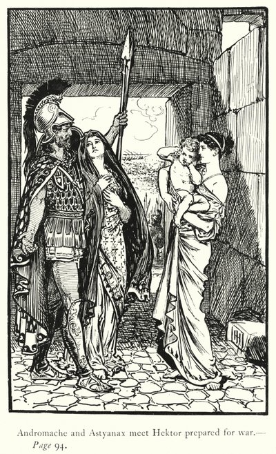 Iliaden: Andromache og Astyanax møder Hektor forberedt til krig (gravering) af George Percy Jacomb Hood