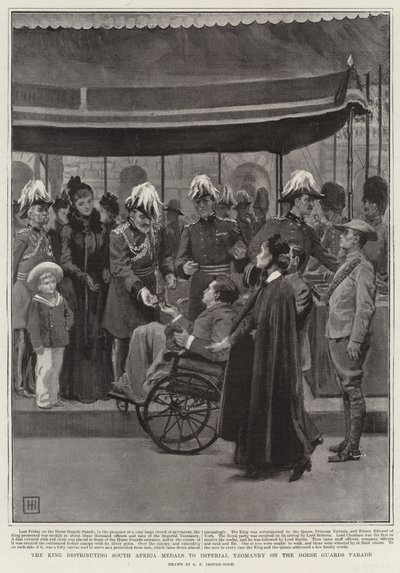 Kongen uddeler Sydafrika-medaljer til det kejserlige Yeomanry på Horse Guards Parade af George Percy Jacomb Hood