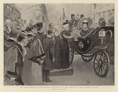 Borgmesterinden overrækker en buket til dronningen i palæet af George Percy Jacomb Hood
