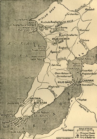 Kort over Gallipoli-halvøen, 1919. af George Philip and Son Ltd