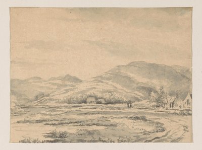 Bakket landskab med et par huse og en flod til venstre af George Pieter Westenberg