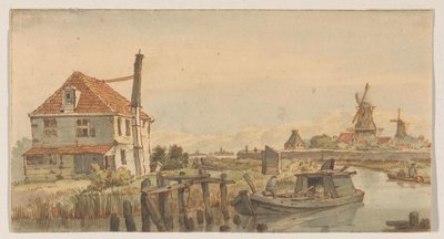 Sejl med en båd, et hus og to vindmøller af George Pieter Westenberg