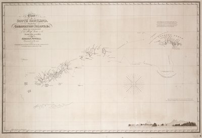 Kort over South Shetland inklusive Coronation Island, fra udforskningen af sloop Dove i årene 1821 og 1822 af George Powell Commander of the same af George Powell